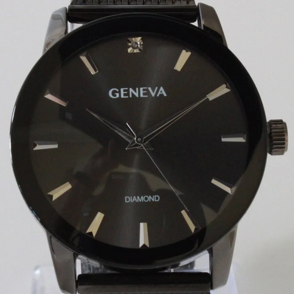 Geneva Men's Dress Watch Gun Metal Finish Diamond At 12 Milanese Bracelet 42mm